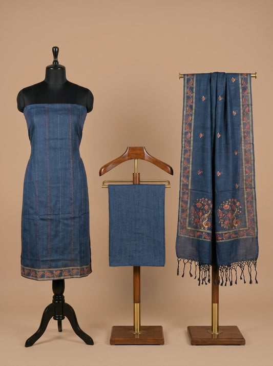 Navy Blue Kantha Embroidered Tussar Silk Unstitched Salwar Kameez