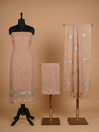 Peach Thread Embroidered Mulmul Cotton Unstitched Salwar Kameez