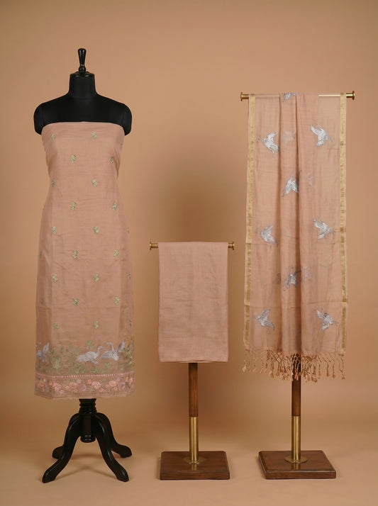 Peach Thread Embroidered Mulmul Cotton Unstitched Salwar Kameez