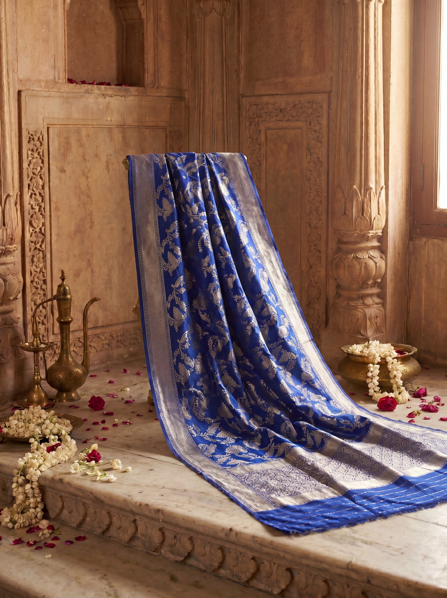 Cobalt Blue Pure Katan Silk Handwoven Banarasi Suit Set