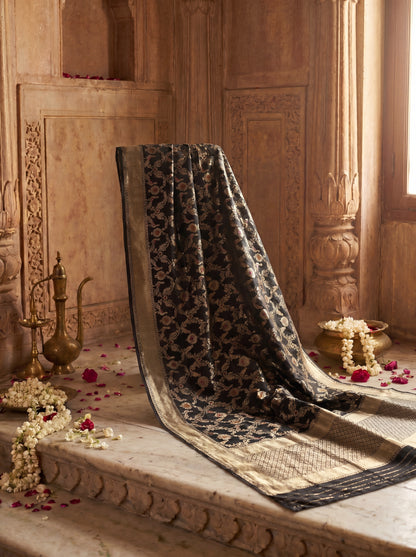 Midnight Black Pure Katan Silk Meenakari Banarasi Suit Set