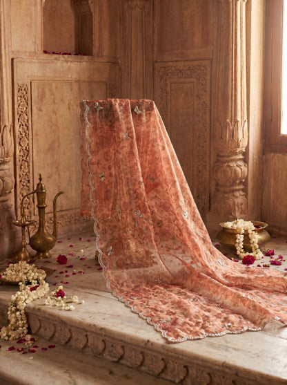 English Rust Pure Organza Hand Embroidered Unstitched Suit Set