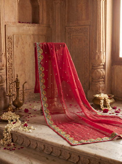 Tomato Red Pure Organza Hand Zardozi Unstitched Suit Set