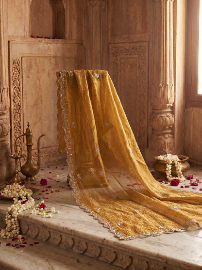 Mustard Zardozi Embroidered Banarasi Crush Tissue Unstitched Salwar Kameez