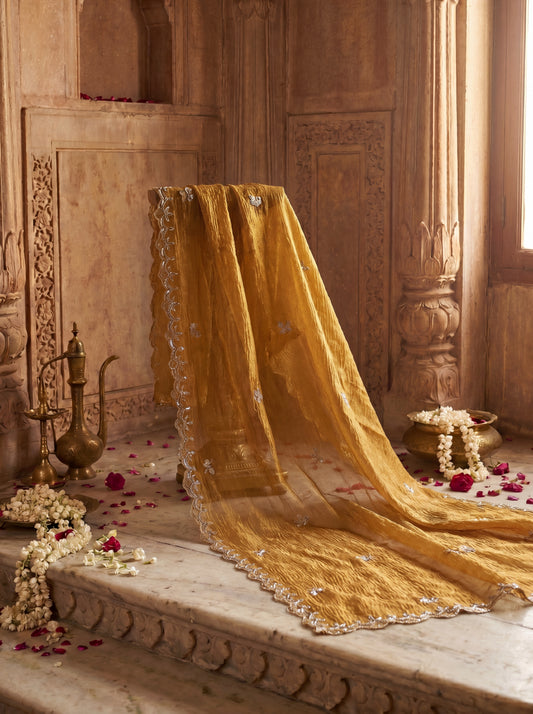 Mustard Zardozi Embroidered Banarasi Crush Tissue Unstitched Salwar Kameez