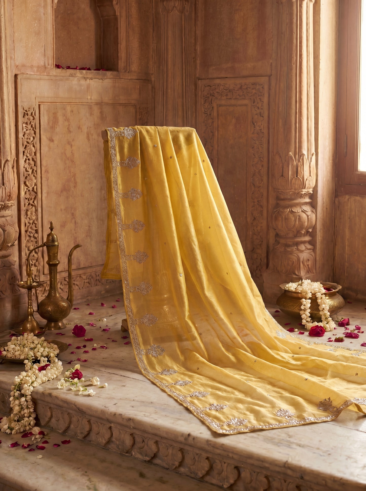 Yellow Zardozi Embroidered Banarasi Tissue Unstitched Salwar Kameez