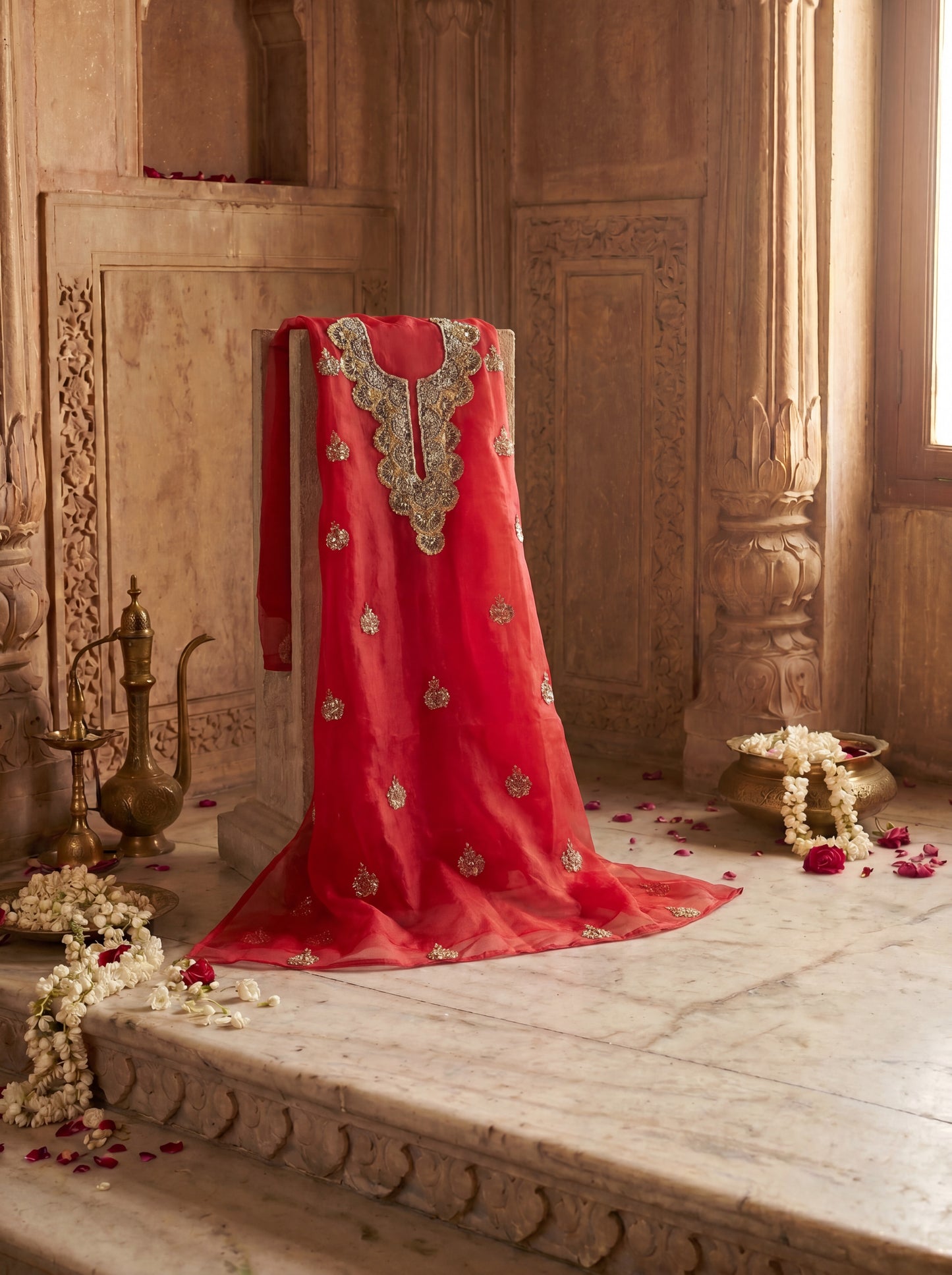 Tomato Red Pure Organza Hand Zardozi Unstitched Suit Set