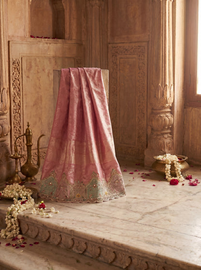 Blush Pink Zardozi Embroidered Kanjeevaram Silk Unstitched Salwar Kameez