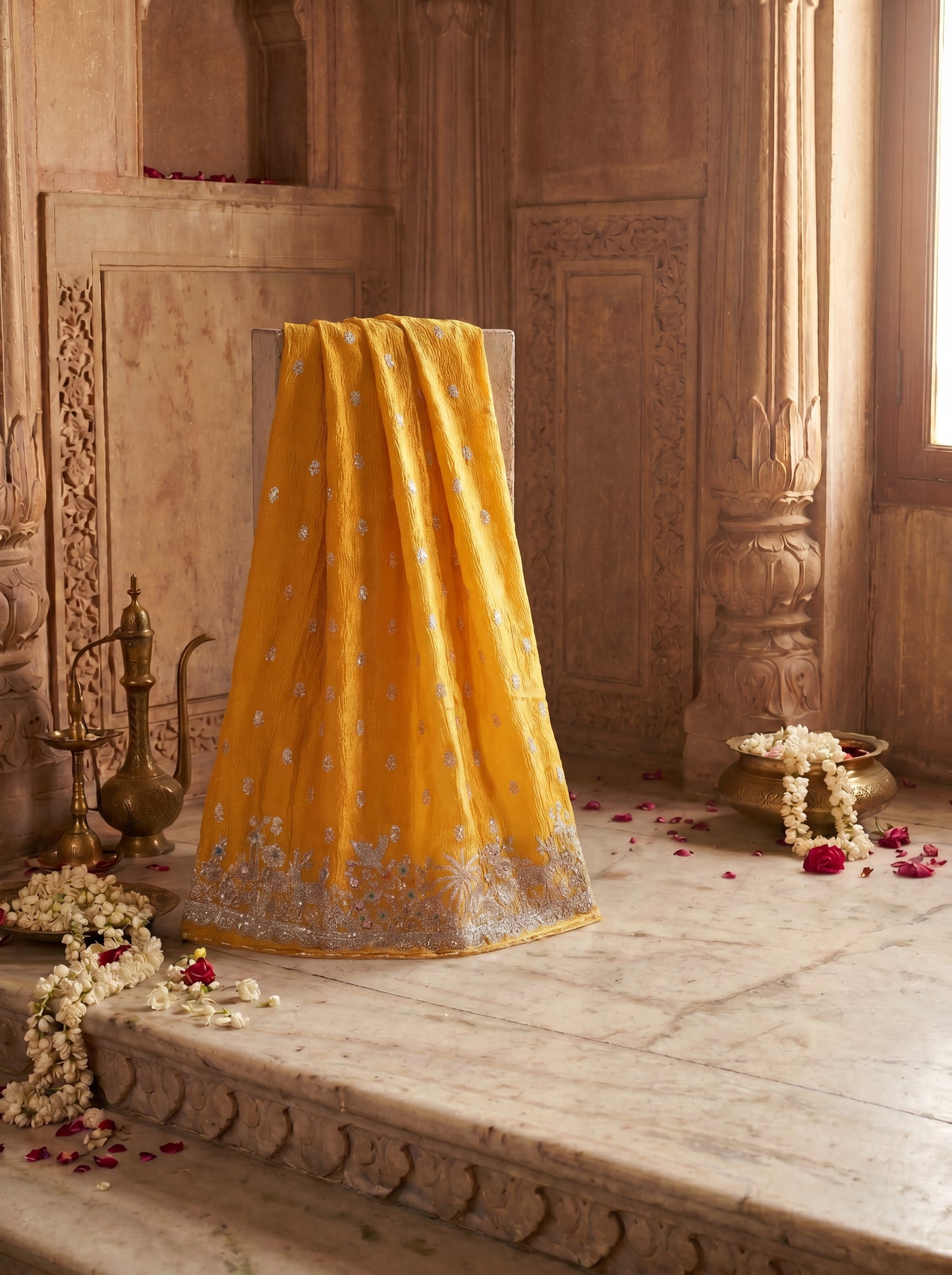 Mustard Zardozi Embroidered Banarasi Crush Tissue Unstitched Salwar Kameez