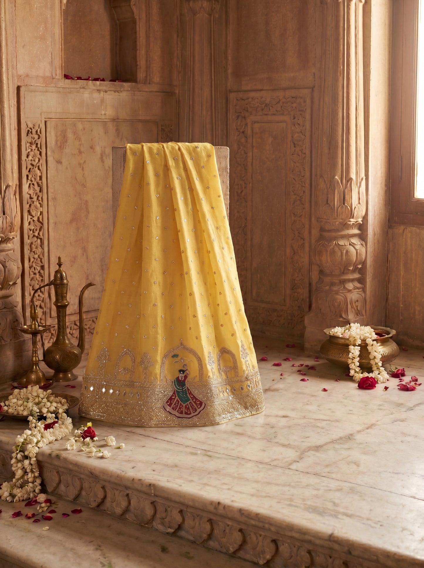 Yellow Zardozi Embroidered Banarasi Tissue Unstitched Salwar Kameez