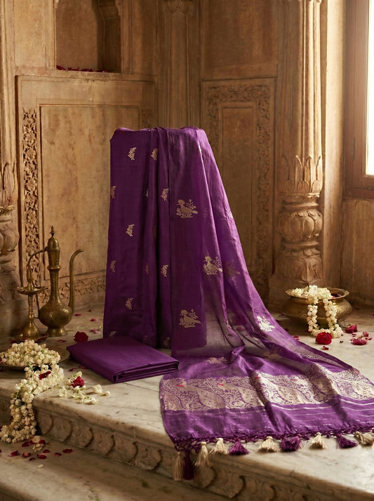 Deep Plum Wine Pure Katan Silk Handwoven Banarasi Suit Set