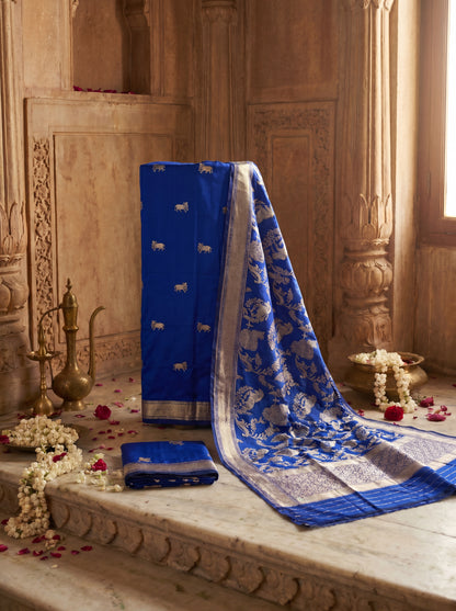 Cobalt Blue Pure Katan Silk Handwoven Banarasi Suit Set