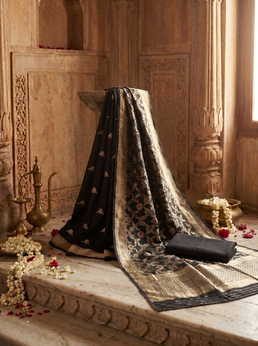 Midnight Black Pure Katan Silk Meenakari Banarasi Suit Set