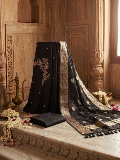 Black Zardozi Embroidered Silk Unstitched Salwar Kameez