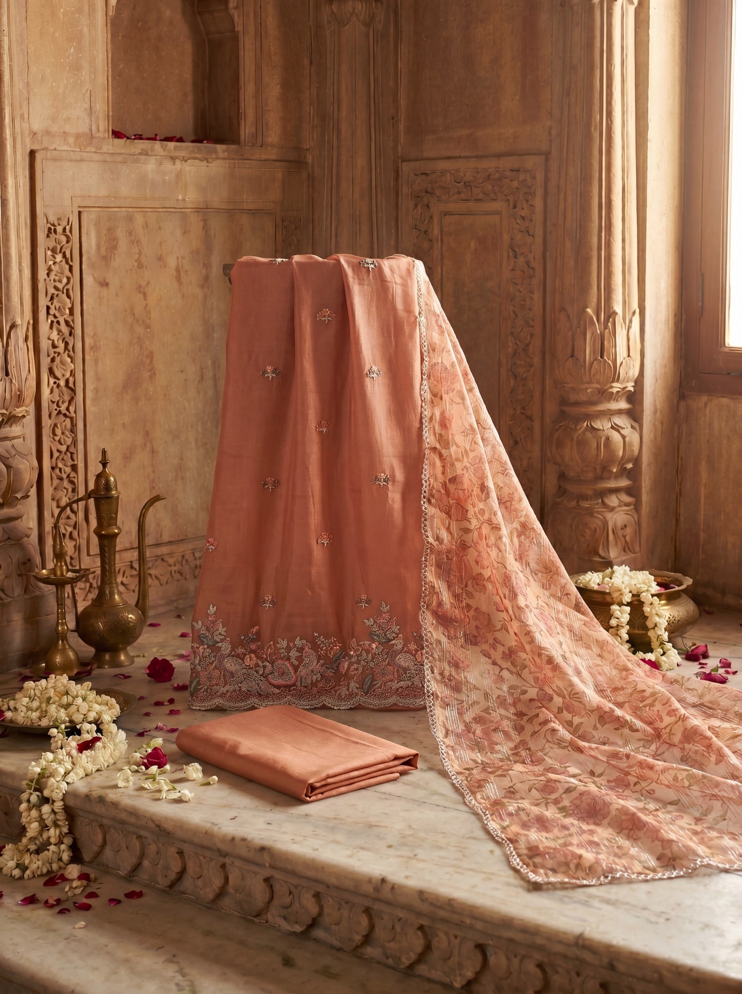 English Rust Pure Organza Hand Embroidered Unstitched Suit Set