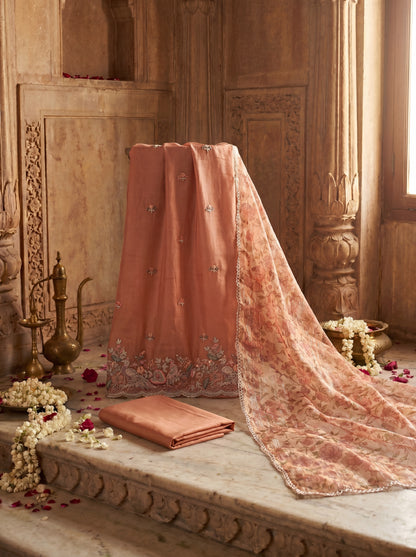 English Rust Pure Organza Hand Embroidered Unstitched Suit Set