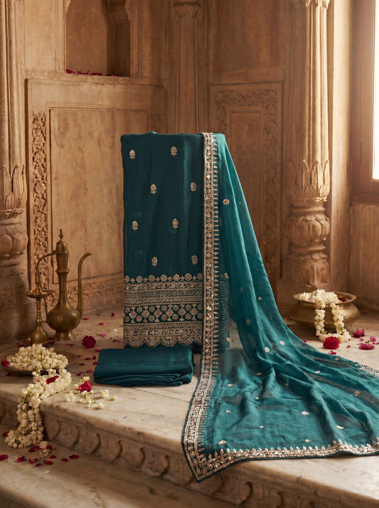 Teal Pure Organza Hand Zardozi Embroidered Unstitched Suit Set