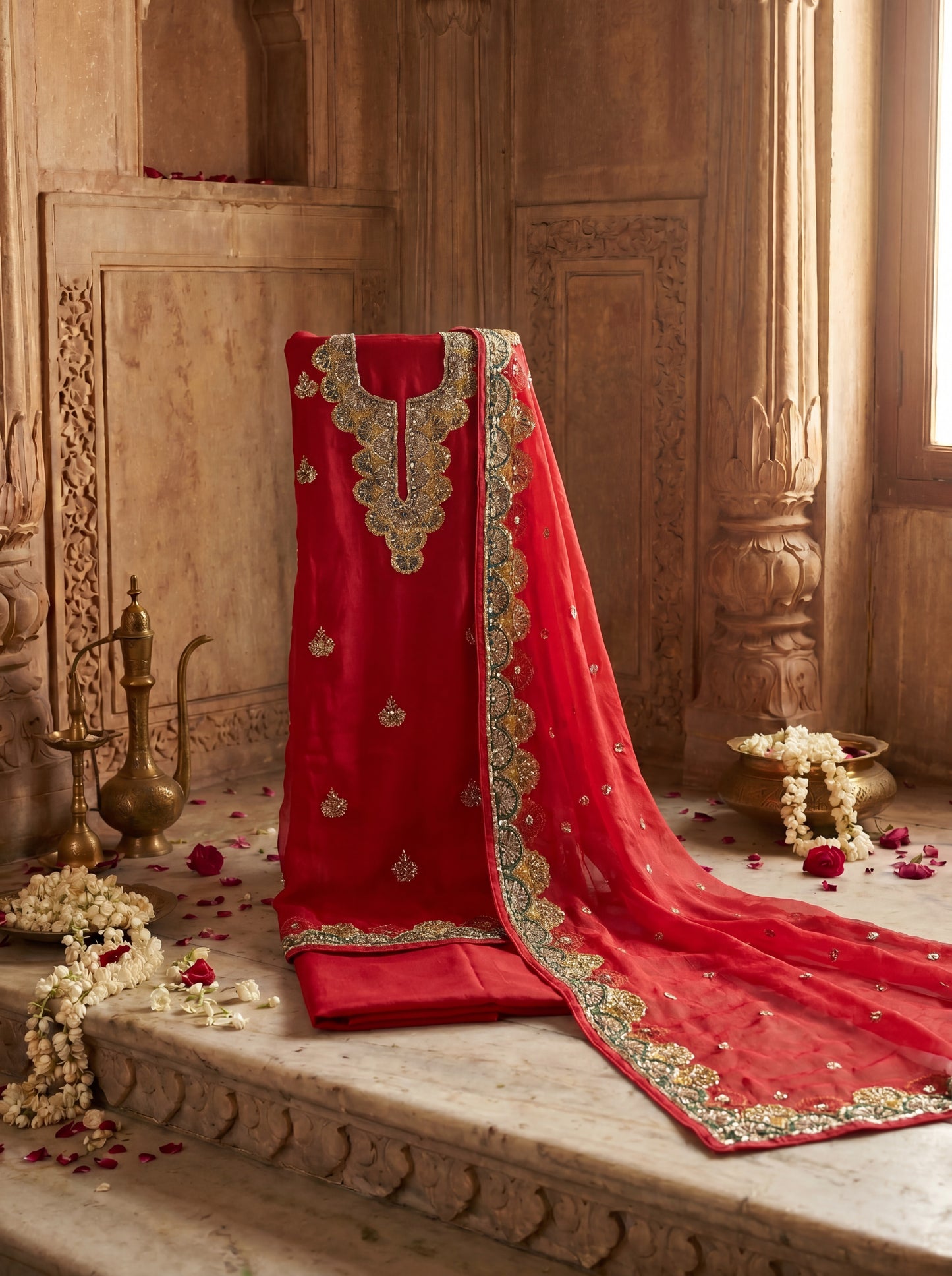 Tomato Red Pure Organza Hand Zardozi Unstitched Suit Set