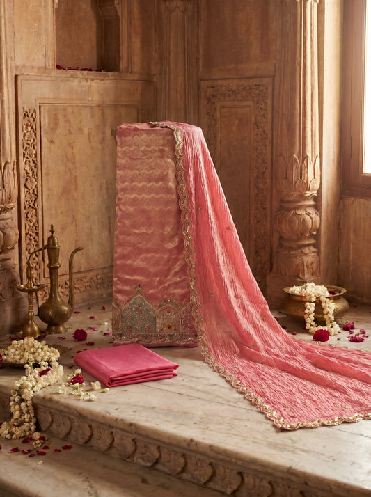 Blush Pink Zardozi Embroidered Kanjeevaram Silk Unstitched Salwar Kameez