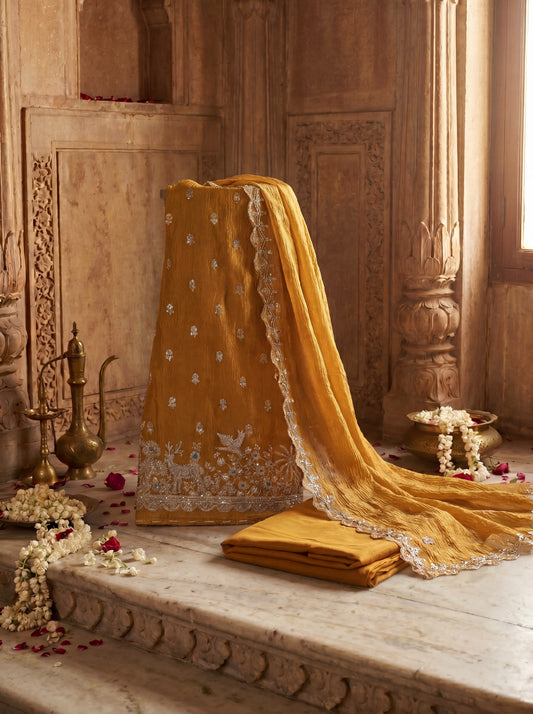 Mustard Zardozi Embroidered Banarasi Crush Tissue Unstitched Salwar Kameez