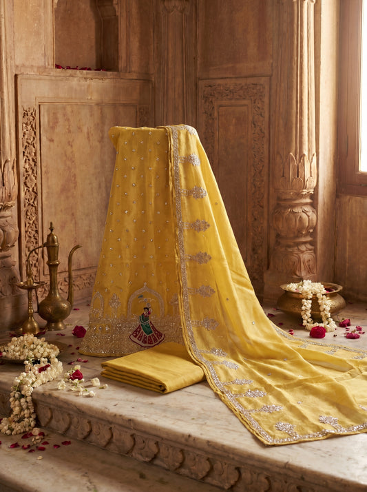 Yellow Zardozi Embroidered Banarasi Tissue Unstitched Salwar Kameez