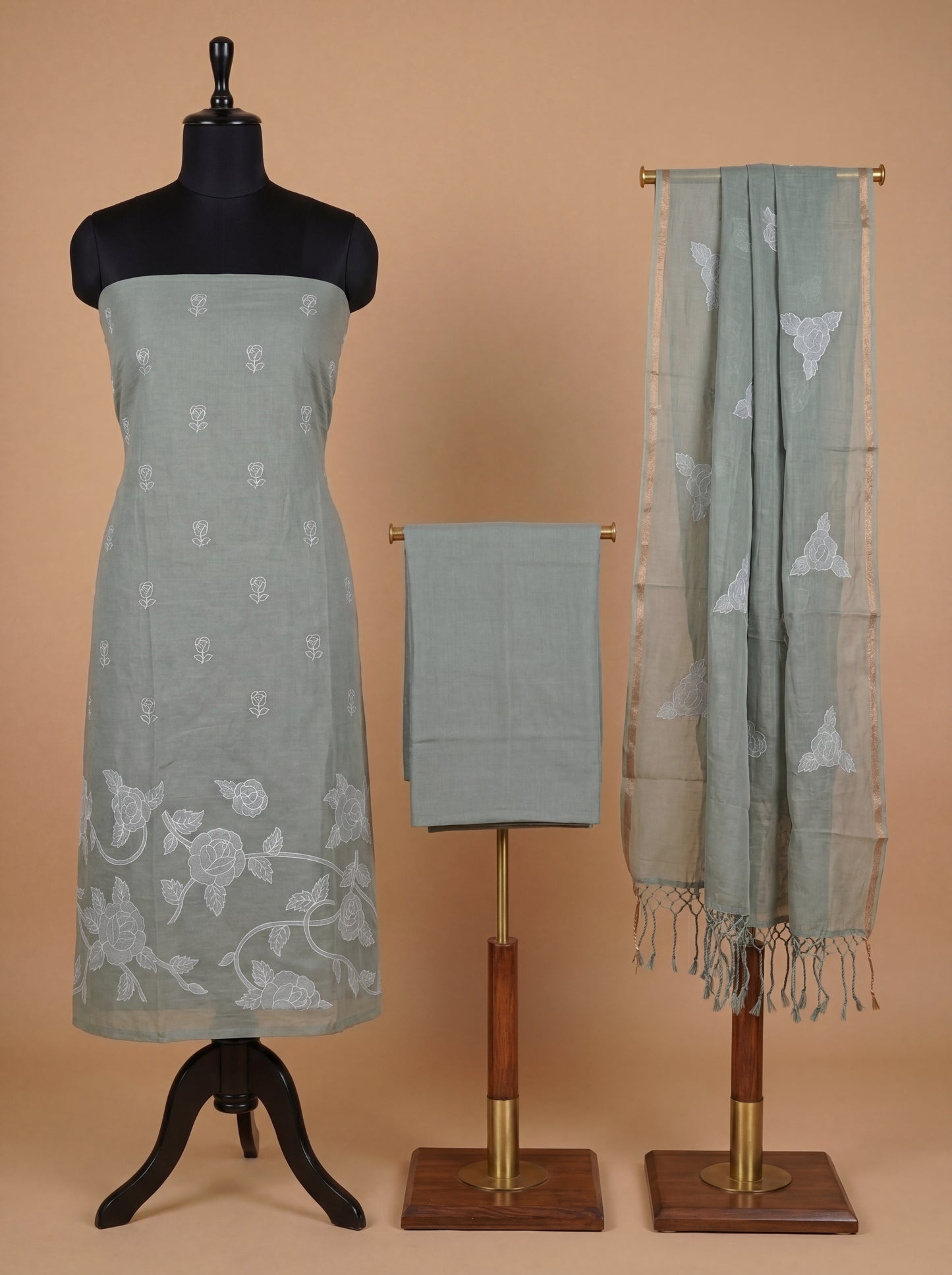 Mint Green Applique Embroidered Mulmul Cotton Unstitched Salwar Kameez