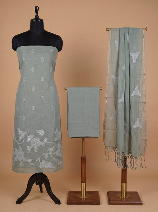 Mint Green Applique Embroidered Mulmul Cotton Unstitched Salwar Kameez