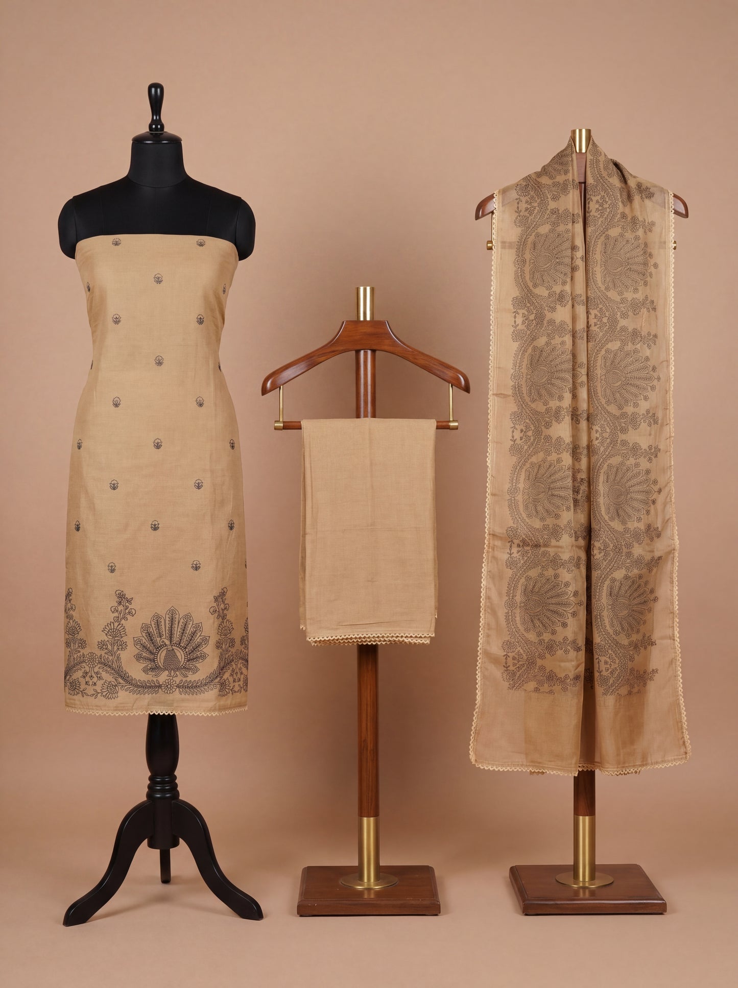 Mustard Chanderi Unstitched Suit Set with Hand Block Organza Dupatta