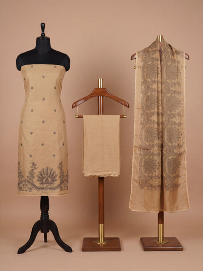 Mustard Chanderi Unstitched Suit Set with Hand Block Organza Dupatta