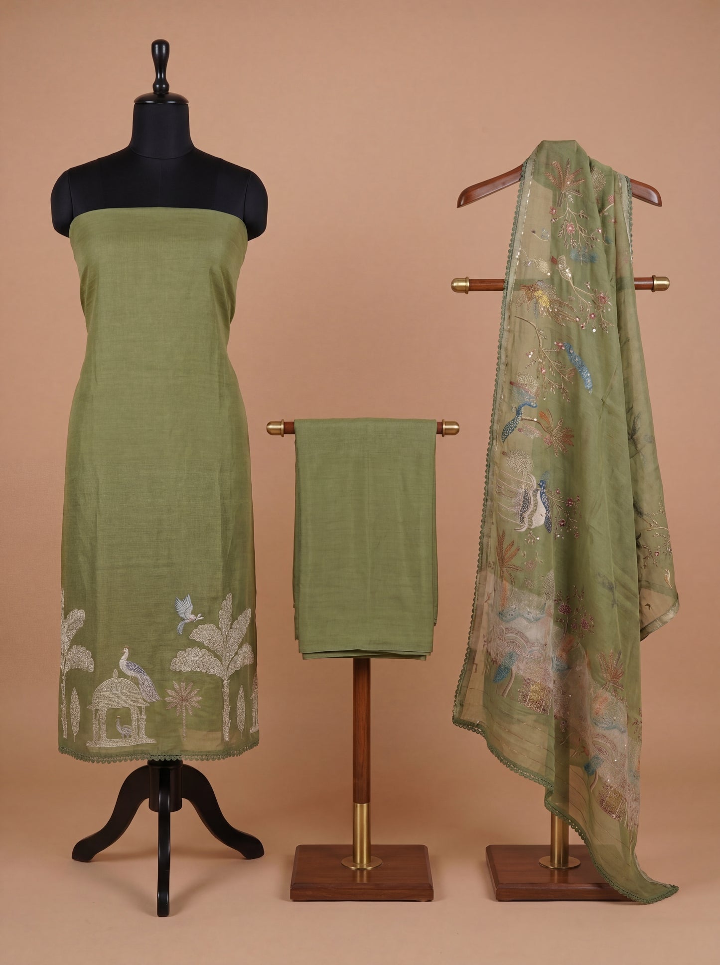 Olive Green Mull Cotton Unstitched Suit Set with Kota Tissue Dupatta