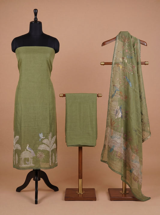 Olive Green Mull Cotton Unstitched Suit Set with Kota Tissue Dupatta