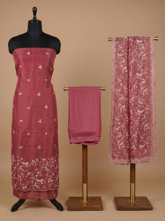 Rose Pink Thread Embroidered Organza Unstitched Salwar Kameez
