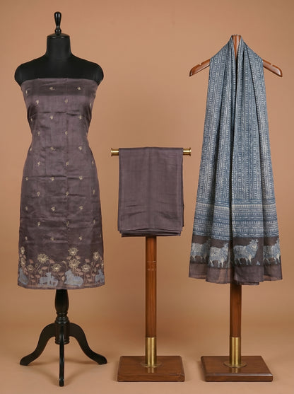 Dusty Plum Pichwai Embroidered Tussar Silk Unstitched Salwar Kameez