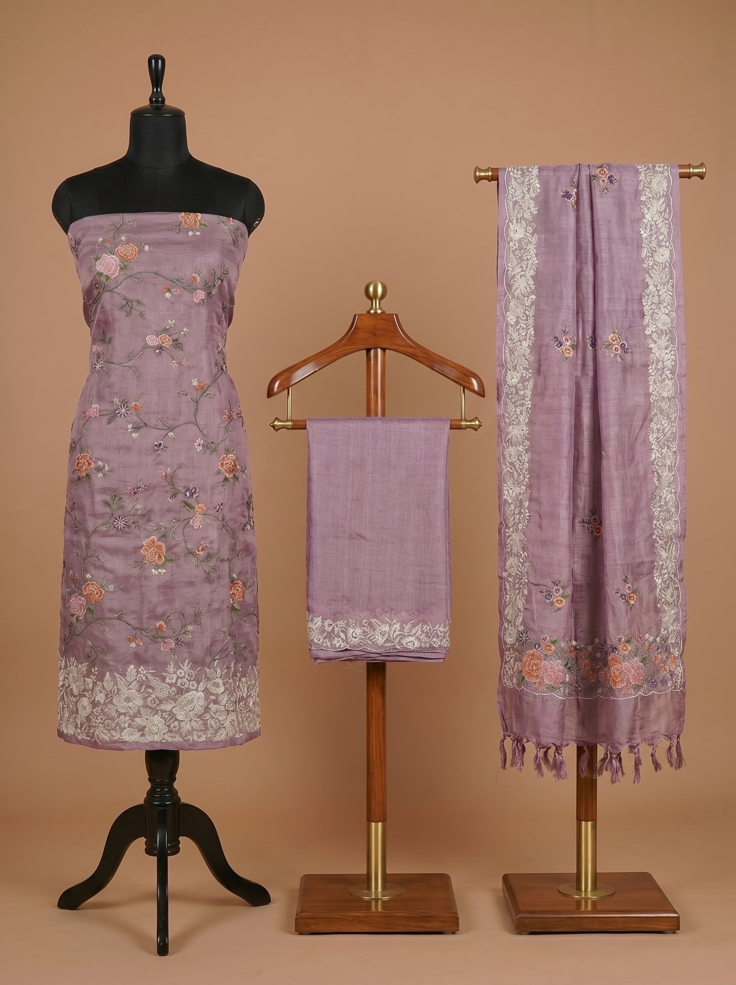 Purple Embroidered Tussar Silk Unstitched Salwar Kameez