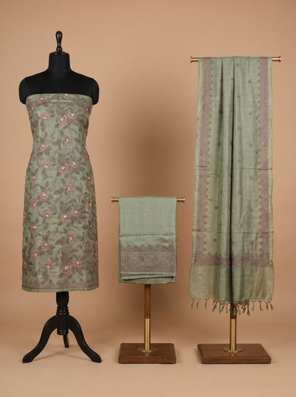 Dusty Green Embroidered Tussar Silk Unstitched Salwar Kameez