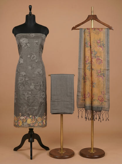 Grey Floral Printed Organza Unstitched Salwar Kameez
