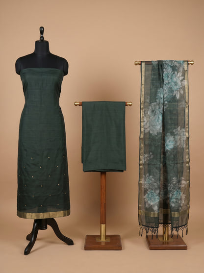 Bottle Green Banarasi Silk Unstitched Salwar Kameez
