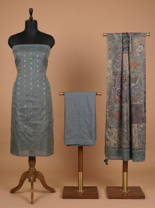 Steel Grey Zari Woven Silk Unstitched Salwar Kameez