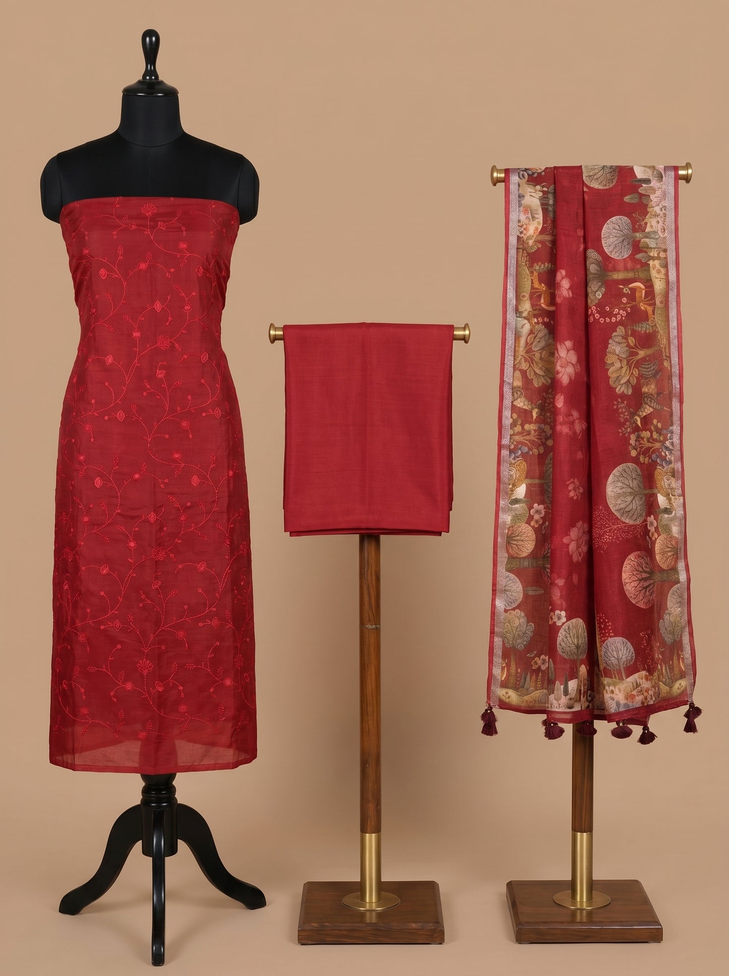 Deep Red Embroidered Cotton Linen Unstitched Salwar Kameez