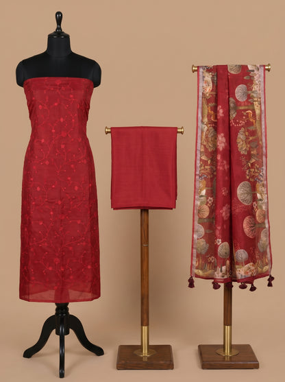 Deep Red Embroidered Cotton Linen Unstitched Salwar Kameez