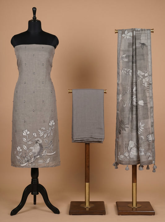 Grey Bird Motif Cotton Linen Unstitched Salwar Kameez