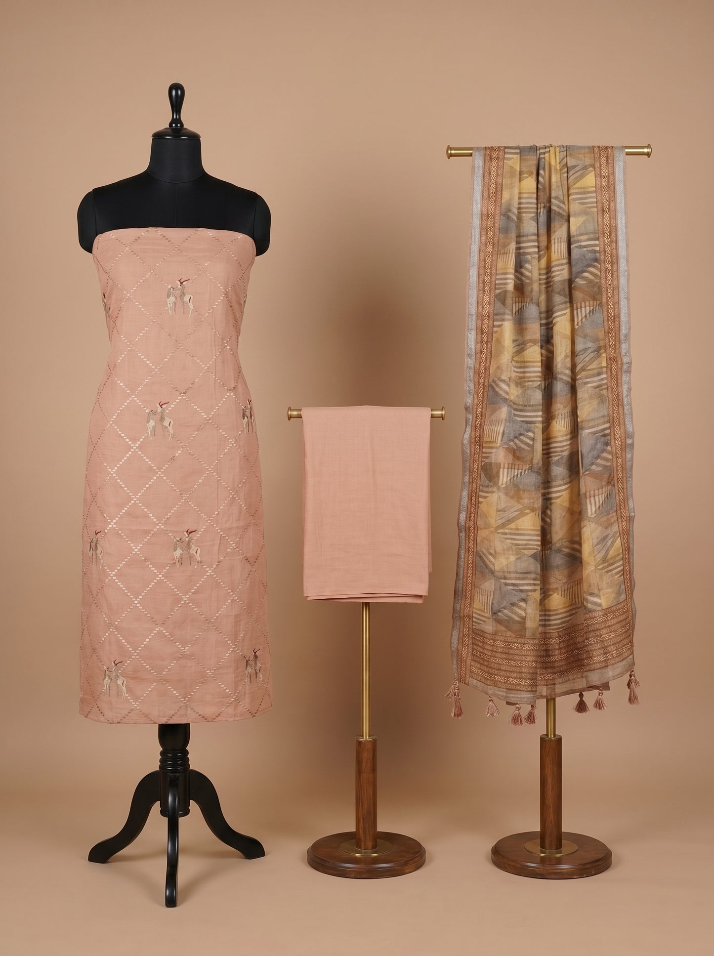 Onion Pink Cotton Linen Deer Motif Unstitched Suit Set