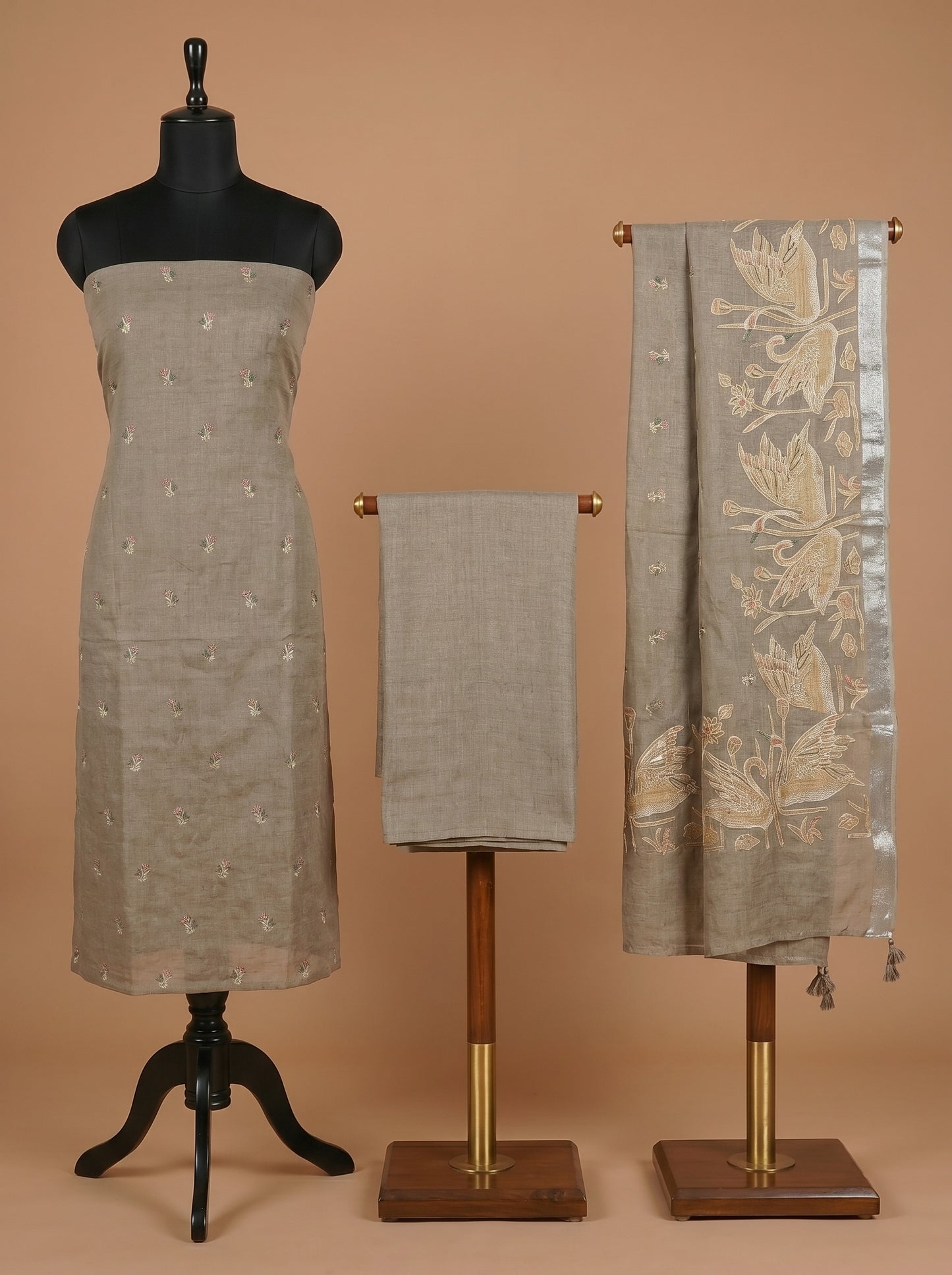 Taupe Cotton Linen Embroidered Unstitched Suit Set with Statement Dupatta