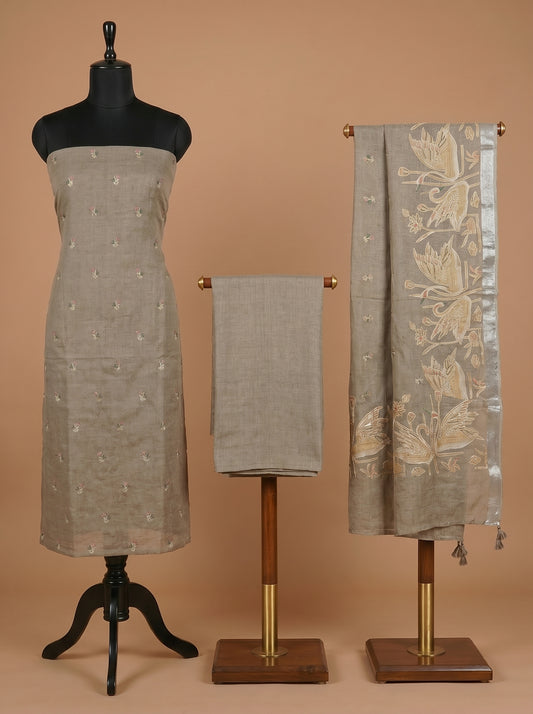 Taupe Cotton Linen Embroidered Unstitched Suit Set with Statement Dupatta