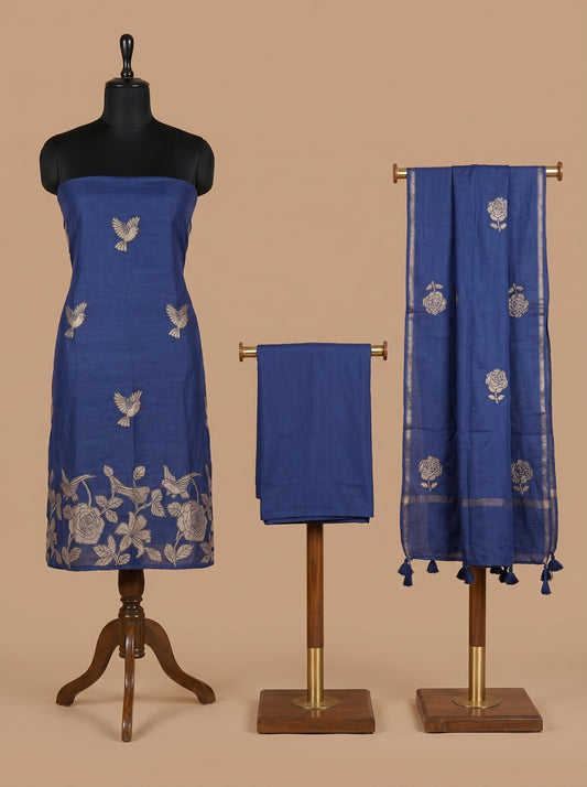 Royal Blue Munga Silk Bird Motif Unstitched Suit Set