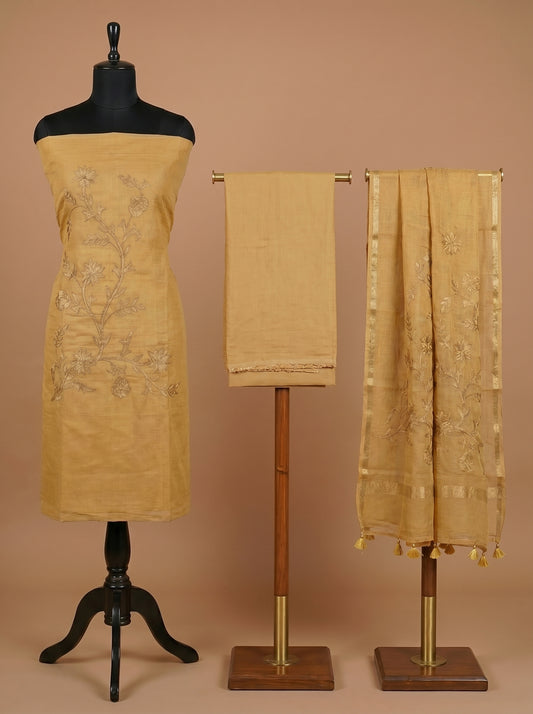Mustard Yellow Kota Applique Work Unstitched Suit Set