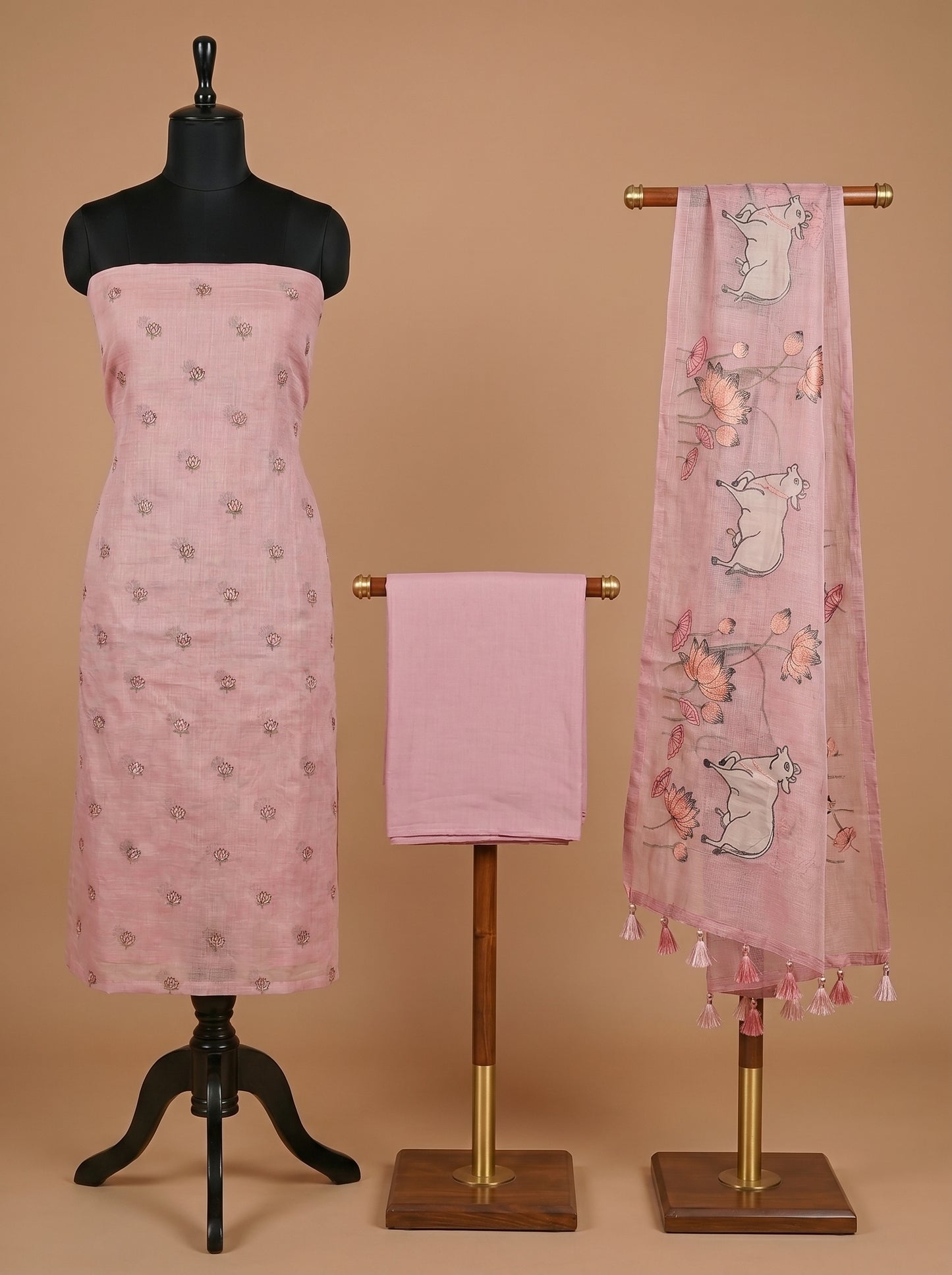 Light Pink Kota Embroidered Unstitched Suit Set with Artistic Dupatta