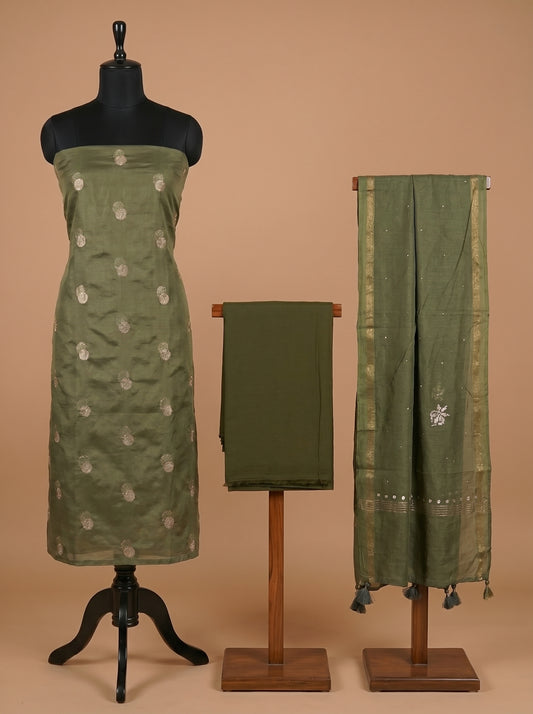 Olive Green Chanderi Silk Unstitched Suit Set with Mukaish Dupatta