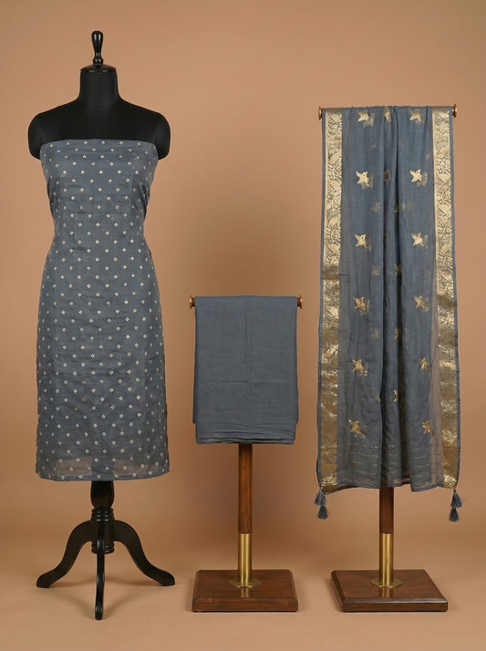 Slate Grey Bandhani Mulmul Cotton Unstitched Suit Set with Bird Motif Dupatta