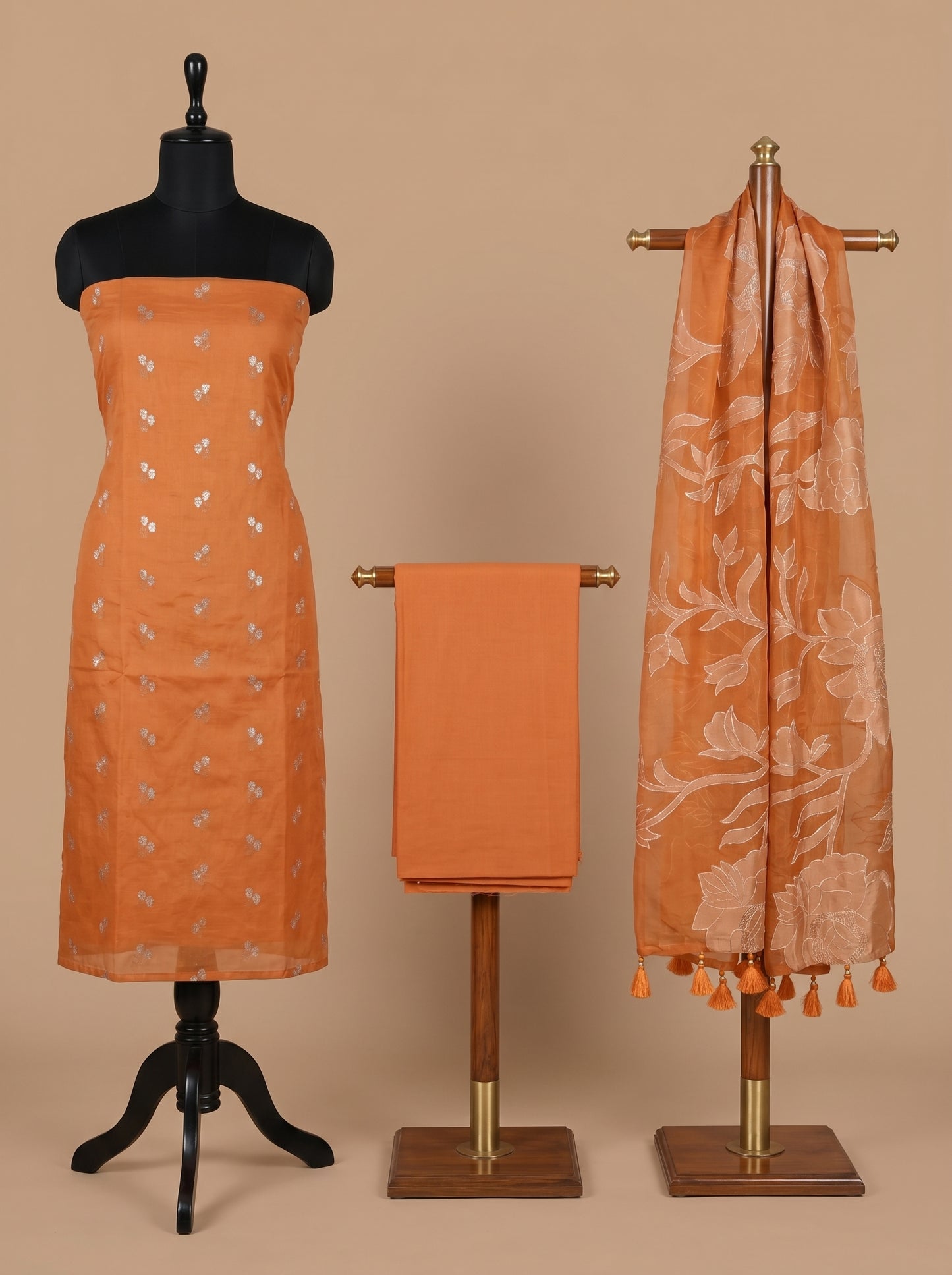 Rust Orange Chanderi Silk Unstitched Suit Set with Floral Organza Dupatta